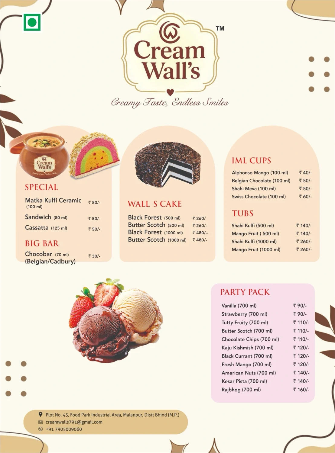 Cream Wall's product menu page one