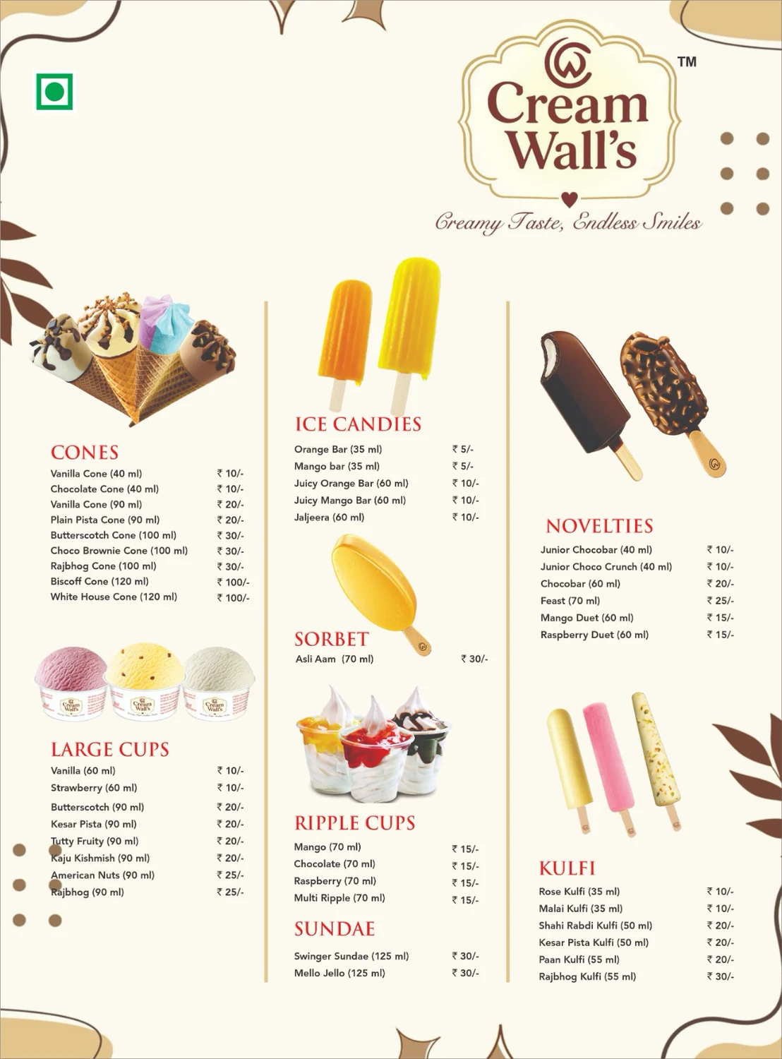 Cream Wall's product menu page two